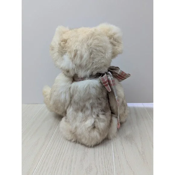 Johnson's Plush real fur cream jointed teddy bear tan pawpads plaid bow READ - Picture 7 of 11